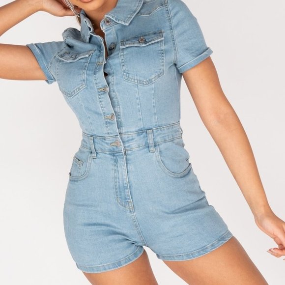 5⭐ Juliette Denim Button Front Denim Romper - Picture 5 of 12